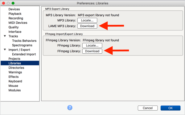 Installieren Sie den optionalen LAME MP3-Encoder und die FFmpeg-Bibliothek mit Audacity.