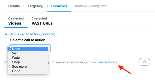 Optionen zum Festlegen eines Aufrufs zum Handeln für Ihr von Twitter gehostetes Video für Ihre Twitter-Anzeige für In-Stream-Videoansichten (Pre-Roll).
