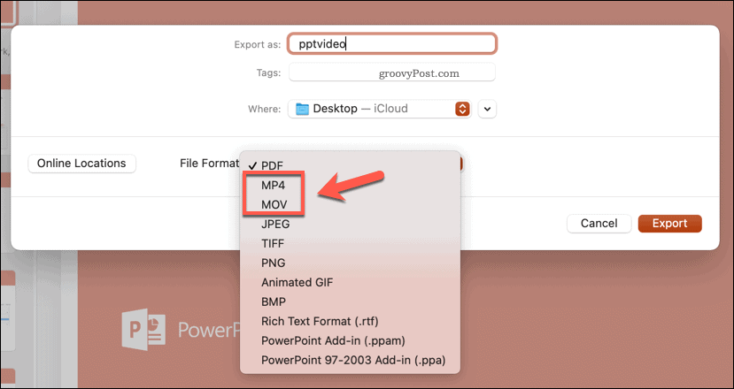Auswählen des Exportdateiformats in PowerPoint auf dem Mac