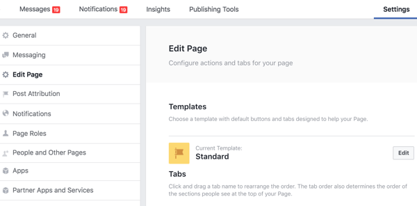 Im Abschnitt Seite bearbeiten Ihrer Facebook-Seite Einstellungen können Sie Ihre Registerkarten neu anordnen.