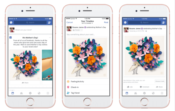 Facebook hat personalisierte Karten, thematische Masken und Rahmen in der Facebook-Kamera sowie eine vorübergehende "Dankbarkeit" -Reaktion zu Ehren des Muttertags eingeführt.