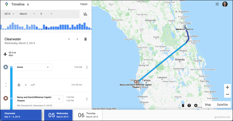 Reisedetails auf der Google Maps-Zeitachse