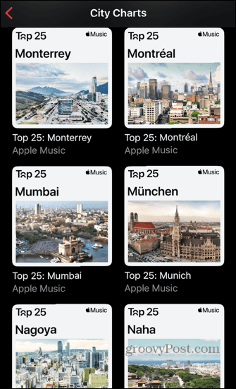 Apple Music listet Städte nach Namen auf