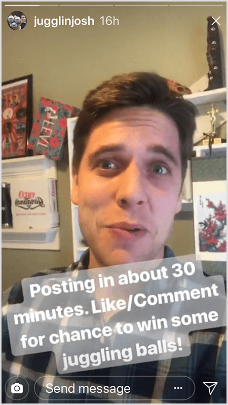 Josh Horton Instagram Stories Post zeigt Josh vor der Kamera mit dem Text Posting In About 30 Mintues. Gefällt mir / Kommentar Für die Chance, einige Jonglierbälle zu gewinnen!