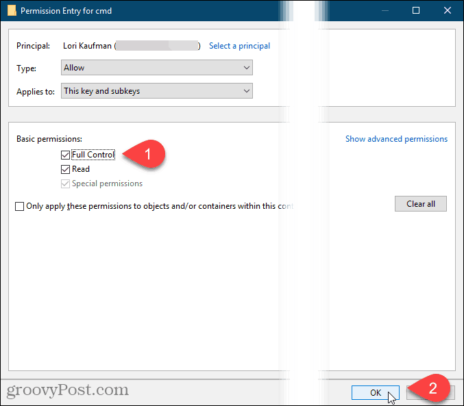 Aktivieren Sie die Option Vollzugriff und klicken Sie im Dialogfeld Berechtigungseintrag in der Windows-Registrierung auf OK