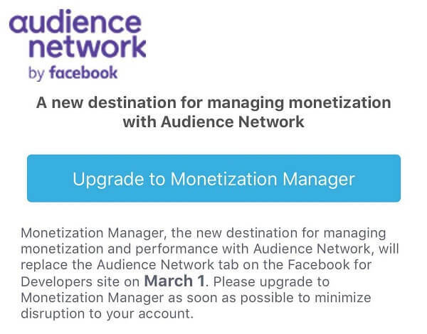 Der Facebook Monetization Manager ersetzt ab dem 1. März die Registerkarte "Audience Network" auf der Facebook for Developers-Website.