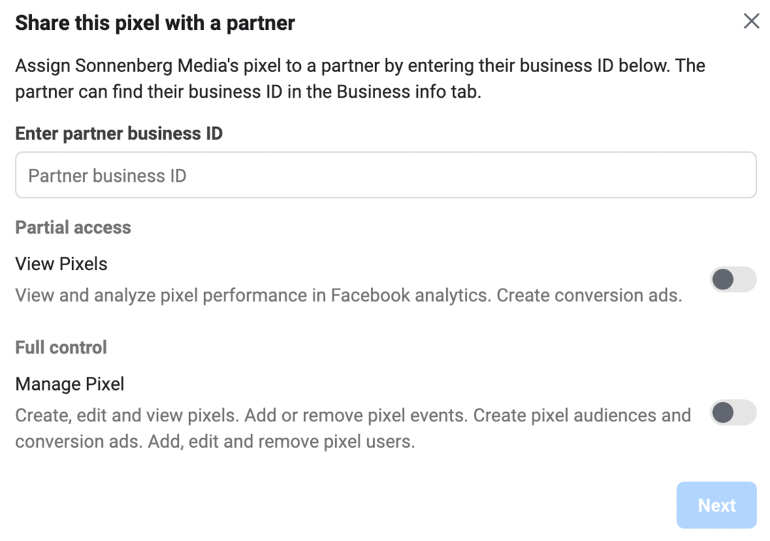Bild des Bildschirms „Dieses Pixel mit einem Partner teilen“ im Meta Business Manager