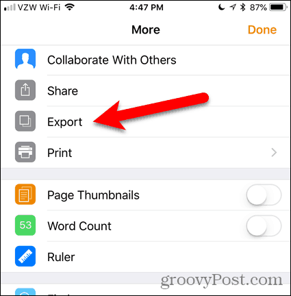 Tippen Sie auf In Seiten für iOS exportieren