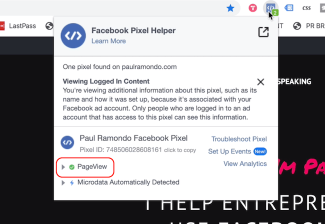 Facebook Pixel Helper zeigt Page View-Ereignis an