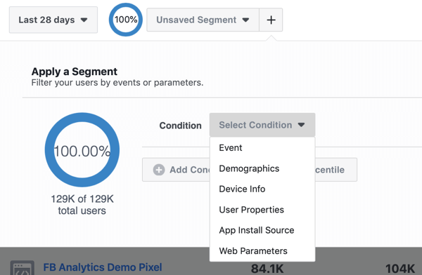 Bedingungsoptionen für Ihre Segmente in Ihren Facebook Analytics-Ereignisquellengruppen.