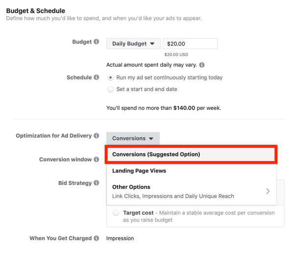 Tipps zur Senkung Ihrer Facebook-Anzeigenkosten, Option zur Optimierung der Anzeigenschaltung für Conversions