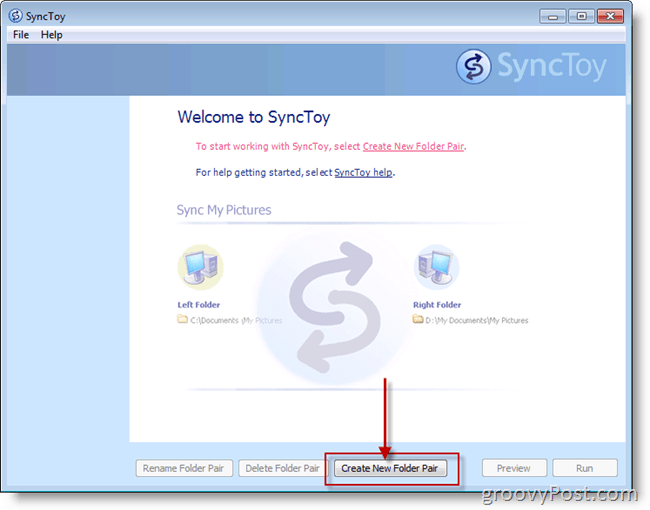 Microsoft SyncToy Screenshot eines neuen Ordnerpaars erstellen