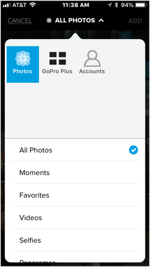 Tippen Sie auf das Symbol + und wählen Sie ein Video oder fünf oder mehr Bilder aus, die in Quik importiert werden sollen.