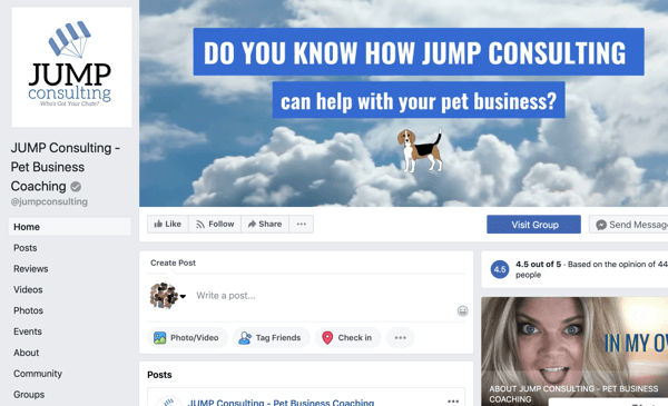 Verwendung der Funktionen von Facebook Groups, Beispiel einer Facebook-Seite für JUMP Consulting