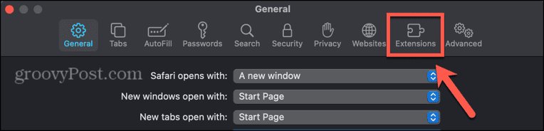 Registerkarte „Mac Safari-Erweiterungen“.