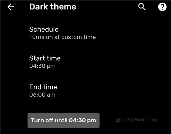 Benutzerdefinierte Zeiteinstellung für den Zeitplan für dunkle Themen