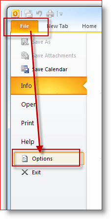 Outlook 2010-Datei, Optionsmenü