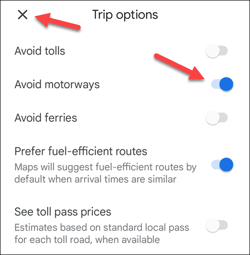Vermeiden Sie Autobahnen in Google Maps auf Mobilgeräten