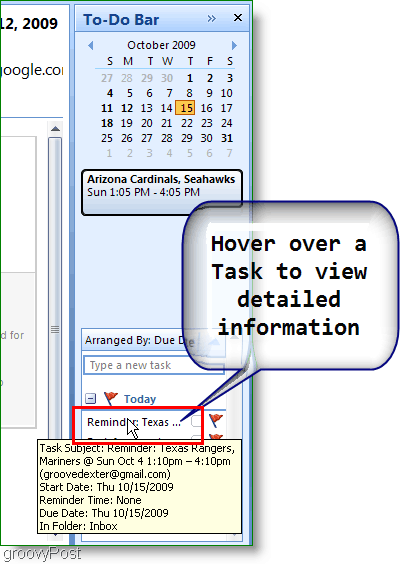 Outlook 2007-Aufgabenleiste - Bewegen Sie den Mauszeiger über das Element, um weitere Informationen zu erhalten