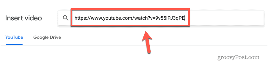 Google Slides hat die YouTube-URL eingefügt