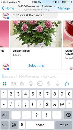 Kunden können Produkte im Chatbot 1-800-Flowers ganz einfach durchsuchen und auswählen.