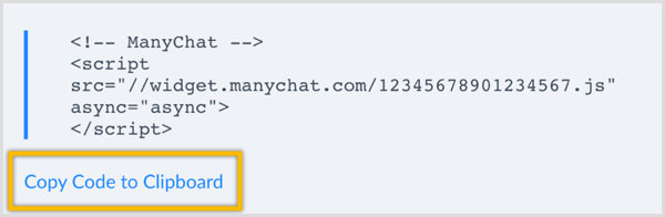ManyChat kopiert Code in die Zwischenablage