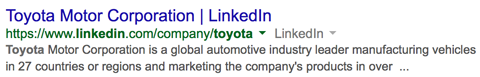 Toyota Linkedin Unternehmensseite in Google-Suchergebnissen