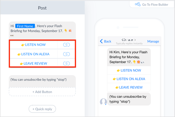 Verfassen Sie eine Nachricht in ManyChat und fügen Sie Schaltflächen hinzu.