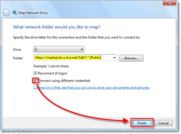Fügen Sie die Live-Skydrive-URL Ihres Windows Live-Laufwerks in die zugeordnete Option des Netzwerklaufwerks ein und überprüfen Sie die Verbindung mit verschiedenen Anmeldeinformationen. Klicken Sie dann auf Fertig stellen.