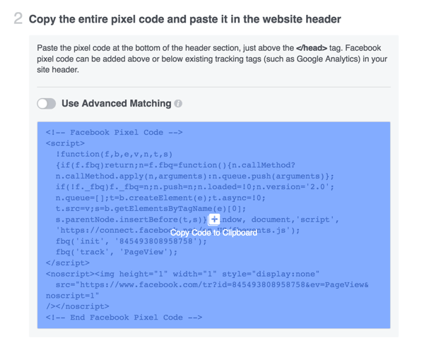 Kopieren Sie den Facebook-Pixelcode und installieren Sie ihn auf Ihrer Website.