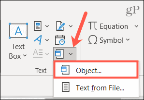 Wählen Sie Objekt aus, um eine Datei in Word einzubetten