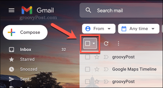 Das Kontrollkästchensymbol zum Auswählen von E-Mails in Gmail