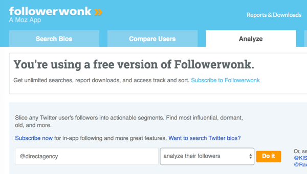 Wählen Sie das Twitter-Konto aus, das Sie mit Followerwonk analysieren möchten.