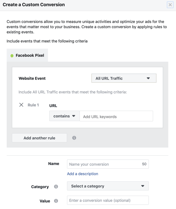 Verwenden Sie das Facebook Event Setup Tool, Schritt 11, URL-Einstellung, wenn Ihre benutzerdefinierte Konvertierung ausgelöst wird