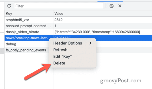Löschen Sie lokale Speicherschlüsselwerte in den Google Chrome-Entwicklertools