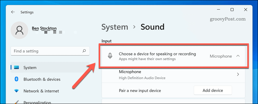 Auswählen eines Toneingabegeräts unter Windows 11