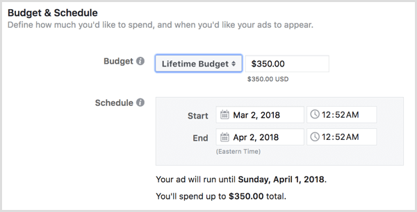 Wählen Sie ein lebenslanges Budget für Ihre Anzeigen.