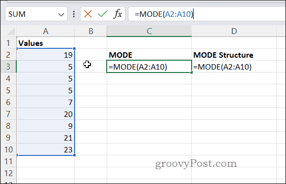 Beispiel einer MODE-Formel in Excel