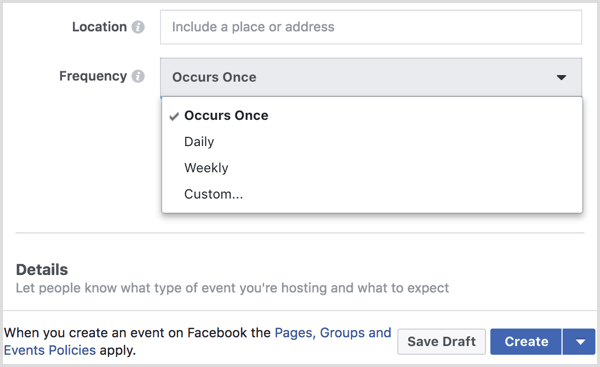 Wählen Sie im Menü "Frequenz" das Intervall aus, um ein wiederkehrendes Ereignis mit der Facebook-Seite zu erstellen