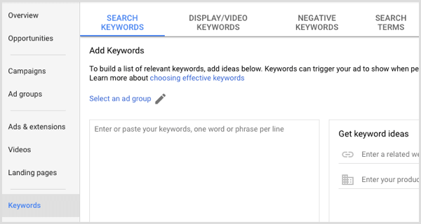 Google AdWords fügt der Anzeigengruppe Keywords hinzu
