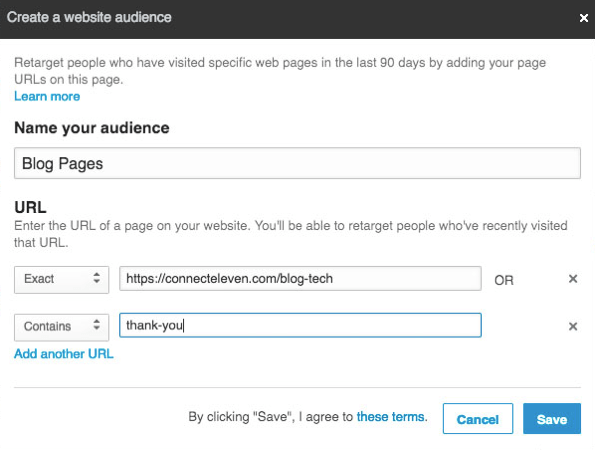 Sie können mehrere URLs zum Retargeting mit LinkedIn Matched Audiences hinzufügen.