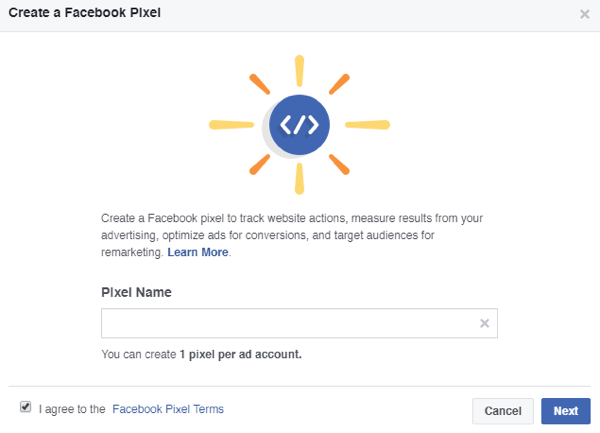 Fügen Sie einen Namen für Ihr Facebook-Pixel hinzu.