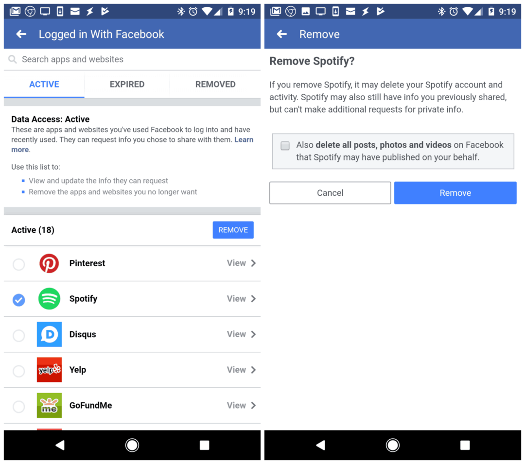 Aufheben der Verknüpfung von Spotify in der mobilen Facebook-App