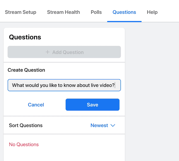 Facebook Live-Stream-Option zum Posten einer Frage, auf die Ihre Zuschauer und Ihr Publikum während Ihrer Sendung antworten können
