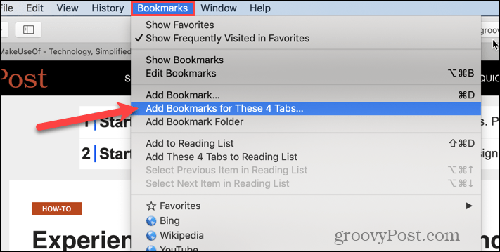 Wählen Sie in Safari Lesezeichen für diese X-Registerkarten hinzufügen