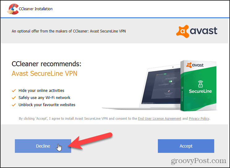 Avast VPN in CCleaner ablehnen