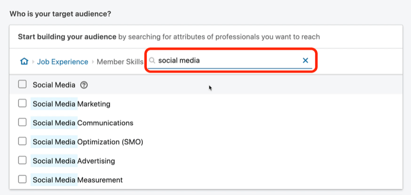 Screenshot der Suchergebnisse für 'Social Media'-Mitgliederfähigkeiten auf LinkedIn