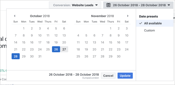 Wählen Sie den Datumsbereich aus, den Sie mit dem Facebook Attribution Tool anzeigen möchten.