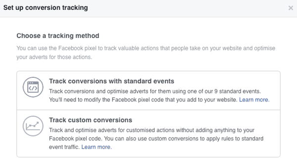 Sie können zwischen zwei Conversion-Tracking-Methoden für Facebook-Anzeigen wählen.