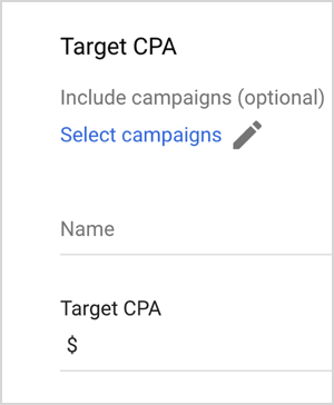 Dies ist ein Screenshot der CPA-Optionen für Google Ads Target. Diese Optionen sind Kampagnen einschließen (optional), Kampagnen auswählen, Name, Ziel-CPA (mit einem Textfeld zur Eingabe eines Werts). Laut Mike Rhodes verwenden intelligente Gebotsoptionen von Google Ads wie Target CPA künstliche Intelligenz, um Gebote zu verwalten.